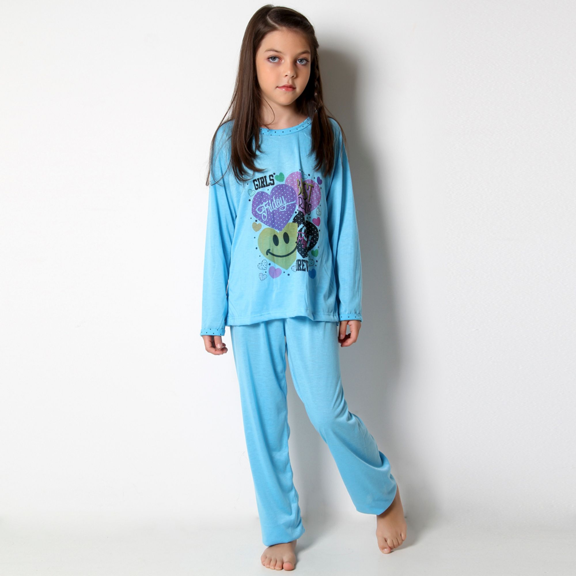 Pijama Longo Feminino Infantil de Malha Lisa com Estampa na Blusa Azul  1300009 - vestrio