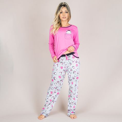 Pijama-Longo-Feminino-Adulto-de-Malha-Estampado-Rosa